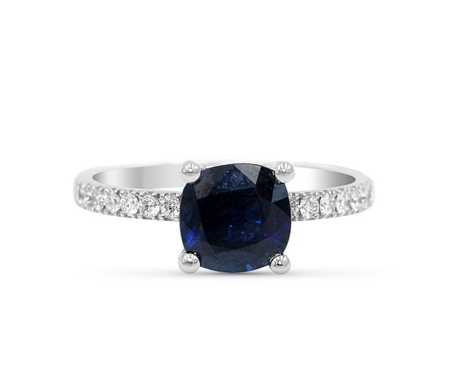 Natural Dark Blue Sapphire Diamond Ring Cushion Cut set in 18K White Gold 