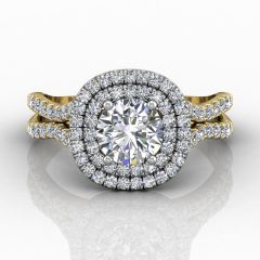  Split Shank Two Tone Double Halo Round Cut Diamond Engagement Ring In 18k White and Yellow Gold 