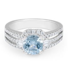 Aquamarine Diamond Halo Split Band Ring in18 Karat White Gold Women's Engagement Ring