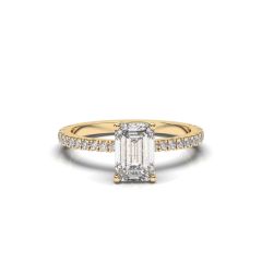 Emerald Cut 4 Claws Diamond Engagement Ring Pave Setting Side stones in 18K Yellow Gold -18K Yellow