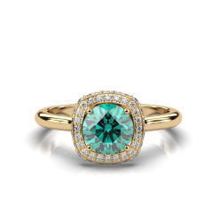 Emerald Round Cut Halo Diamond Ring 4 Claw Setting In 18K Yellow Gold with Pave Setting Side Stones 