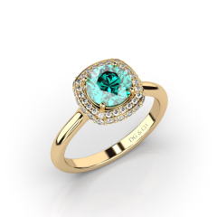 Emerald Round Cut Halo Diamond Ring 4 Claw Setting In 18K Yellow Gold with Pave Setting Side Stones 