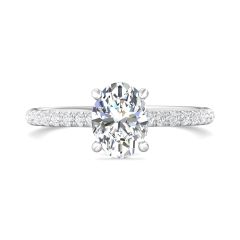Oval Cut Hidden Halo Diamond Engagement Ring 4 Claw Centre Stone Setting Pave Setting Side Stones In 18K White Gold 