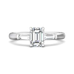 Emerald Cut 3 Stones Diamond Engagement Ring Tapered Baguette Side Stones -18K White