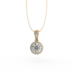 Round Cut 4 Claw Setting Halo Style Diamond Pendant Pave Setting Side Stones In 18K Yellow Gold 
