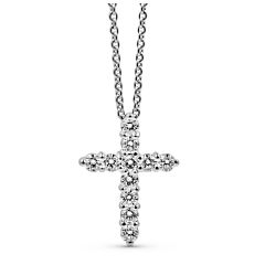 Cross Pendant Pendant 11 Natural Diamonds Pave Setting With A curb Link Chain In 18K White Gold 