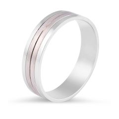 Modern wedding band with inlay detail and combination of polished and brushed metal