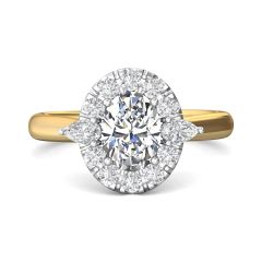 Two Tone Halo Three stone Oval and Pear Diamond Engagement Ring With Plain Band In 18K White And Yellow Gold 