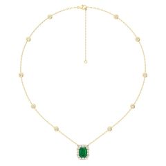  Emerald Station Necklace By The Yard Emerald cut Diamond halo 4 Claw Setting In 18K Yellow Gold 