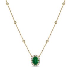 Oval Cut Emerald Diamond Halo Station Necklace By The Yard 4 Claw Setting In 18K Yellow Gold