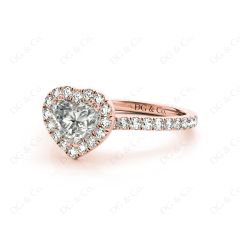 Heart Shape Cut Halo Diamond Engagement Ring with Claw set centre stone and Pave Side Stones in 18K Rose