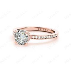 Round Cut Four Claw Set Diamond Ring with Round Pave Set Side Stones in 18K Rose