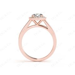 Round Cut 4 Prong Set Diamond Ring with Halo and Plain Tapered Band in 18K Rose