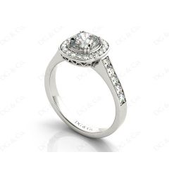 Cushion Cut diamond halo engagement ring with channel setting side diamonds in 18K White