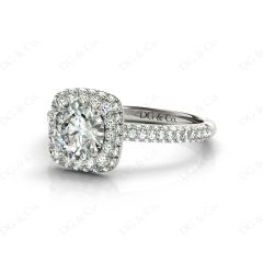 Round Cut Diamond Ring with Micro Pave Set Diamonds on Halo and Down the Shoulders in 18K White