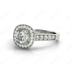 Cushion Cut diamond halo engagement ring with channel setting side diamonds in 18K White