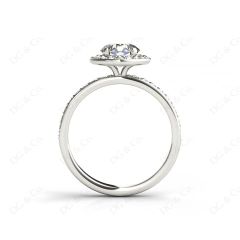 Round cut halo diamond engagement ring with four claw setting in 18K White