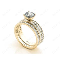 Round Cut Diamond Wedding Set Rings with Pave Setting Side Stones in 18K Yellow