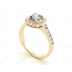 Cushion Cut diamond halo engagement ring with channel setting side diamonds in 18K Yellow