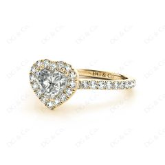 Heart Shape Cut Halo Diamond Engagement Ring with Claw set centre stone and Pave Side Stones in 18K Yellow