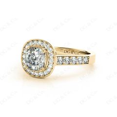 Cushion Cut diamond halo engagement ring with channel setting side diamonds in 18K Yellow