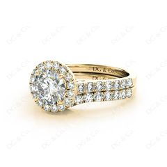Art Deco Halo Diamond Wedding Set Rings Round Cut with Four Claws Setting Centre Stone Pave Setting Side Stones in 18K Yellow Gold