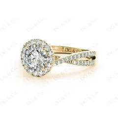 Round Cut Split Shank Diamond Halo Engagement Ring with Pave Set Side Stones Down the Band in 18K Yellow