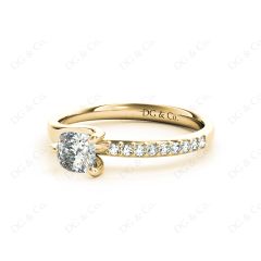 Cushion Cut Diamond Ring with Three Prong Set Centre Stone and Pavé Set Side Stones in 18K Yellow