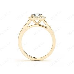 Round Cut 4 Prong Set Diamond Ring with Halo and Plain Tapered Band in 18K Yellow
