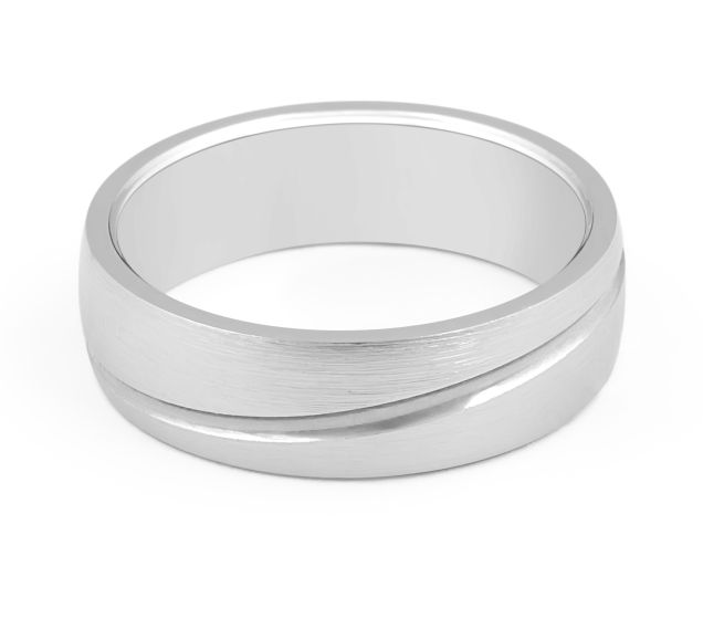 9K Gents Wedding Band with a Curved Inlay Detail Polished and Emery Fine Finish