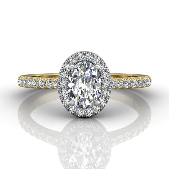 Oval Cut Halo Style Diamond Engagement Ring Pave Setting Side Stones With 4 Claw Setting Centre Stone In 18k Yellow Gold