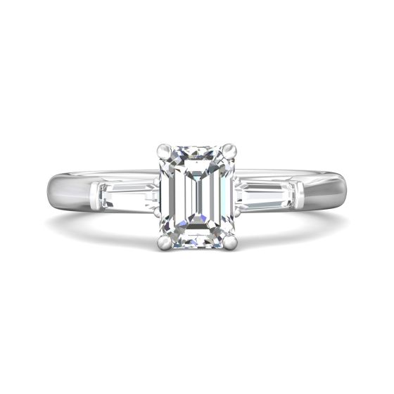 Emerald Cut 3 Stones Diamond Engagement Ring Tapered Baguette Side Stones -18K White