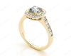 Cushion Cut diamond halo engagement ring with channel setting side diamonds in 18K Yellow