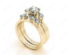 Round Cut Diamond three stones wedding set rings with claw set side stone in 18K Yellow