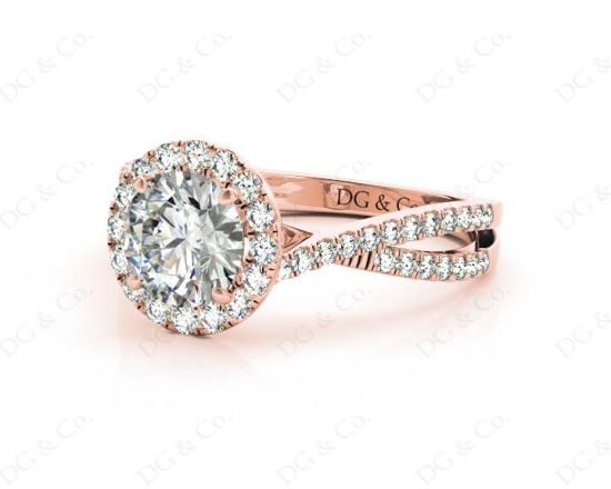 Round Cut Split Shank Diamond Halo Engagement Ring with Pave Set Side Stones Down the Band in 18K Rose