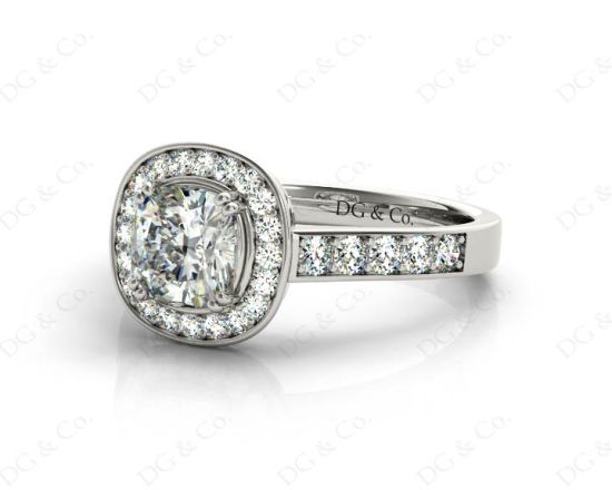 Cushion Cut diamond halo engagement ring with channel setting side diamonds in Platinum