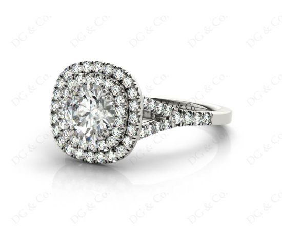 Round Cut Split Shank Diamond Engagement Ring with Double Halo and Pave Set Side Stones in Platinum