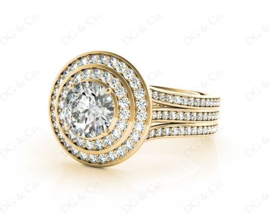 Round cut double halo diamond engagement ring with four claw setting centre stone in 18K Yellow