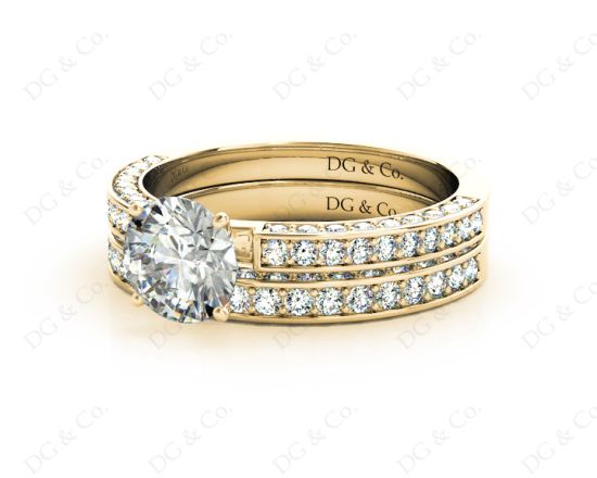 Engagement and Wedding Set Rings Round Cut Diamond  with Pave Setting Side Stones in 18K Yellow