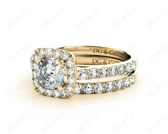 Cushion cut halo diamond wedding set rings with four claw setting in 18K Yellow