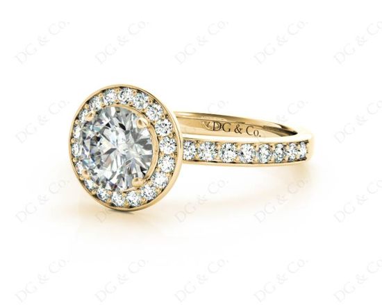 Round cut halo diamond engagement ring with four claw setting in 18K Yellow