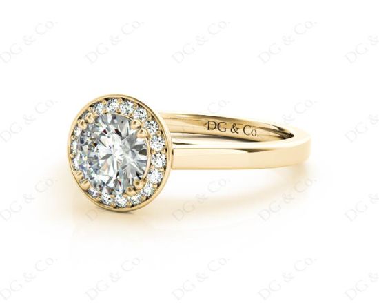 Round Cut 4 Prong Set Diamond Ring with Halo and Plain Tapered Band in 18K Yellow