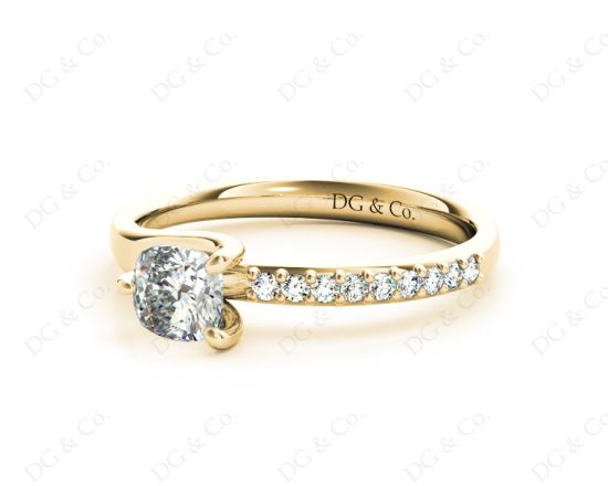 Cushion Cut Diamond Ring with Three Prong Set Centre Stone and Pavé Set Side Stones in 18K Yellow