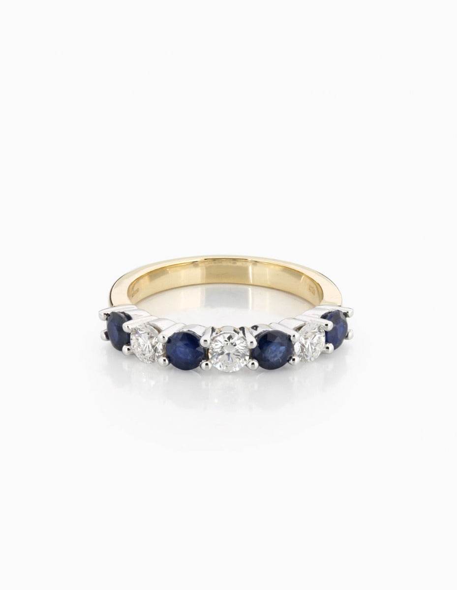Sapphire & Diamond 7 Stone Ring Share Claw Setting In 18K white and Yellow Gold - DG & Co. Jewellery