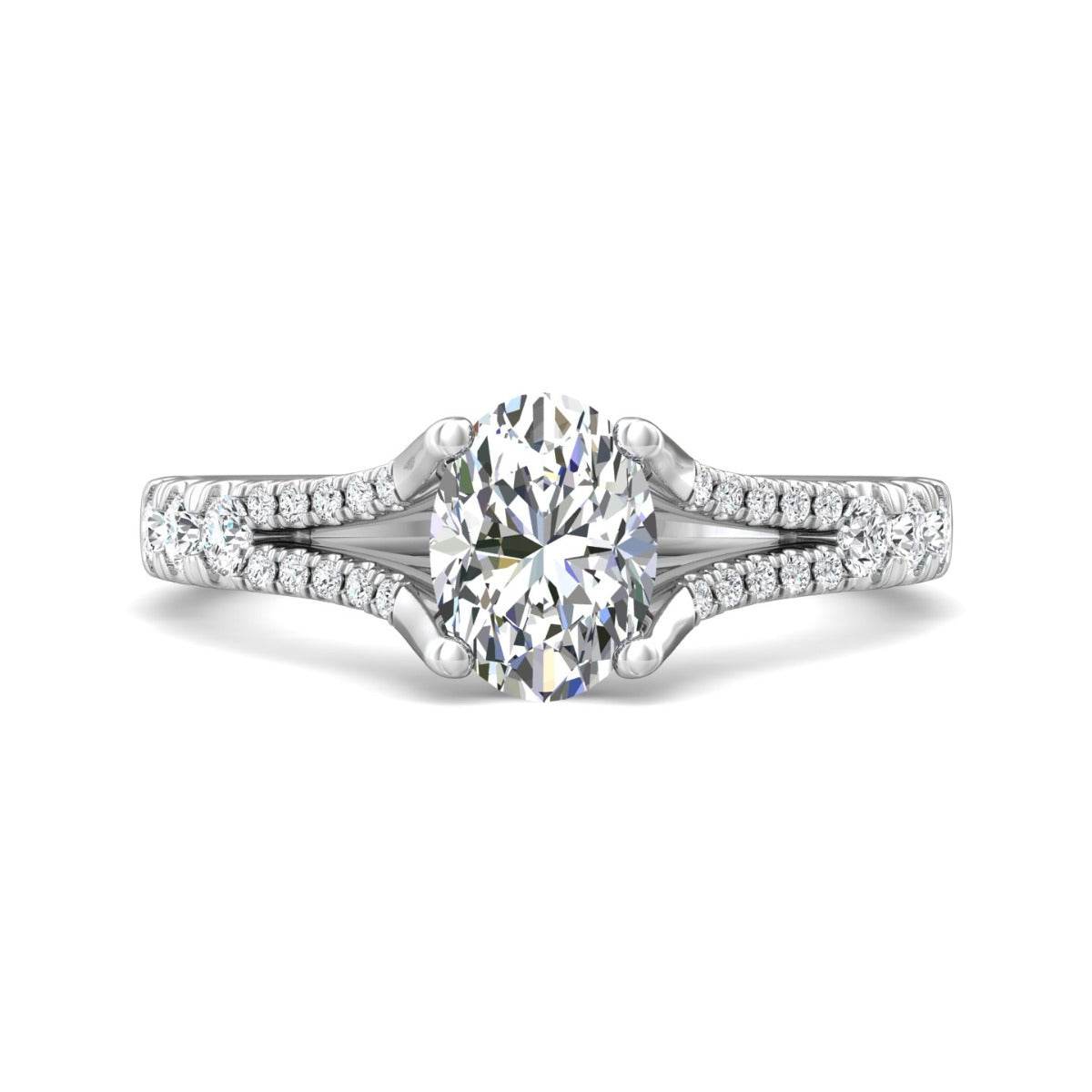 Oval Cut Split Shank Diamond Engagement Ring Four Claw Setting Centre Stone Pave Setting Side Stone In18K White Gold - DG & Co. Jewellery