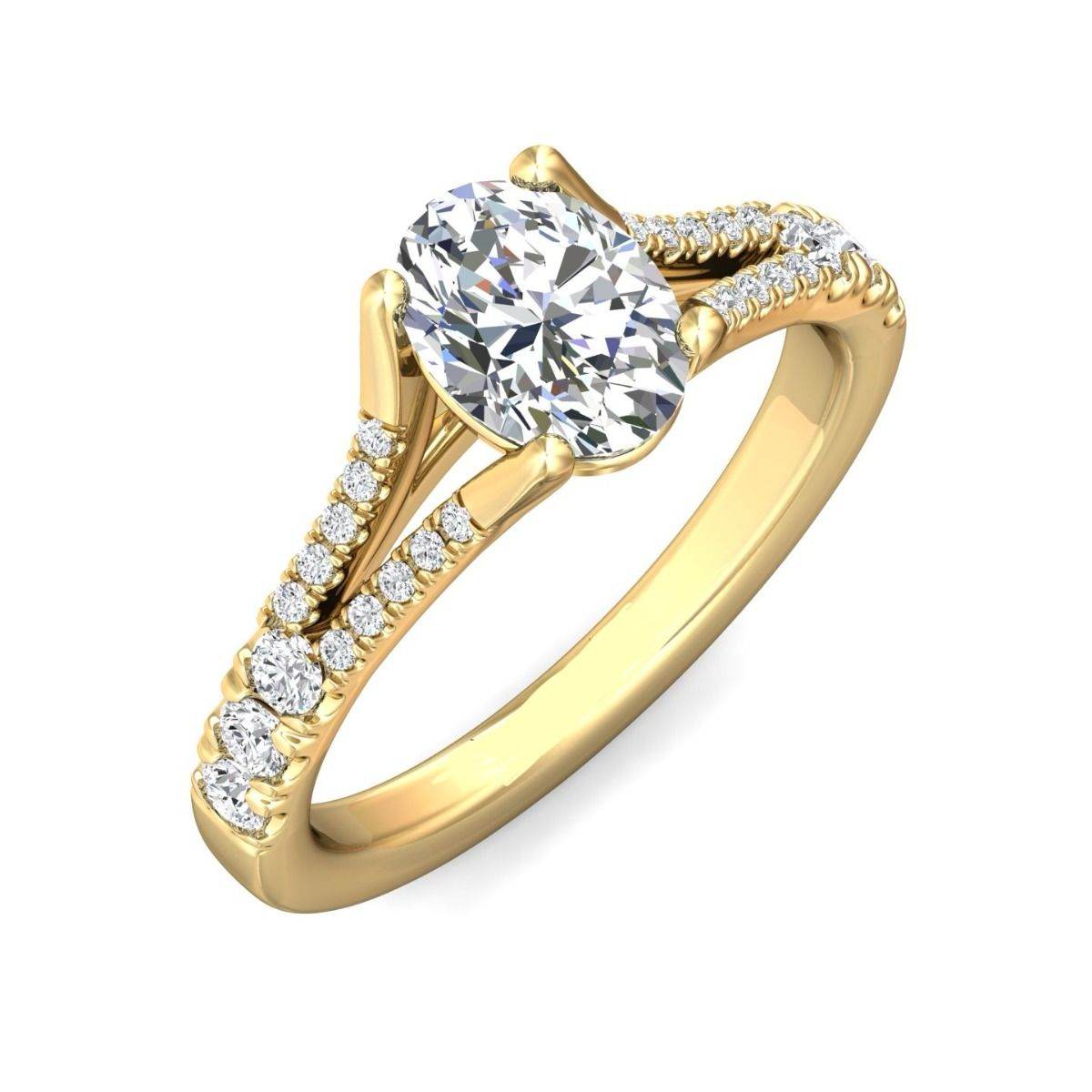 Split Band Oval Cut Four Prong Setting Diamond Engagement Ring Pave Setting Side Stones In 18K Yellow Gold - DG & Co. Jewellery