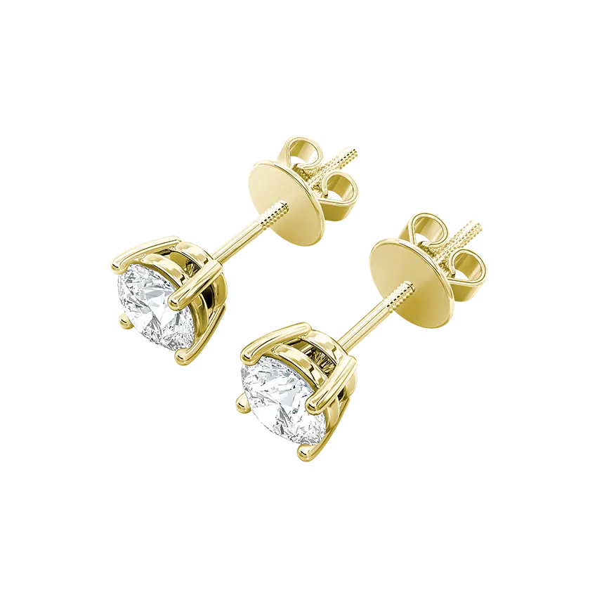 1.00CT Round Cut Lab Grown Diamond Stud Earrings IGI Certified 4 prong Setting - 18K Yellow