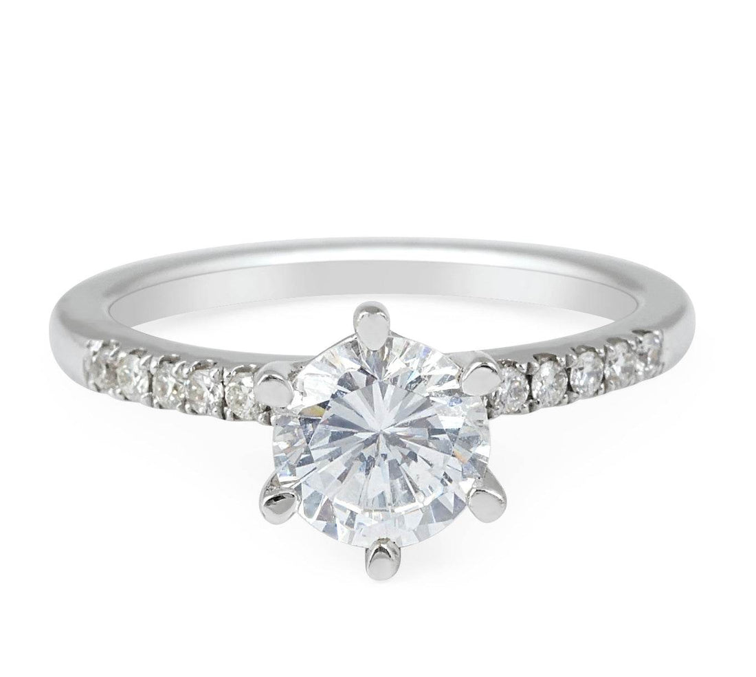 1.00CT GIA Certified Six Claw Diamond Engagement Ring Pave Setting Side Stone In 18K White gold Pave Setting - DG & Co. Jewellery