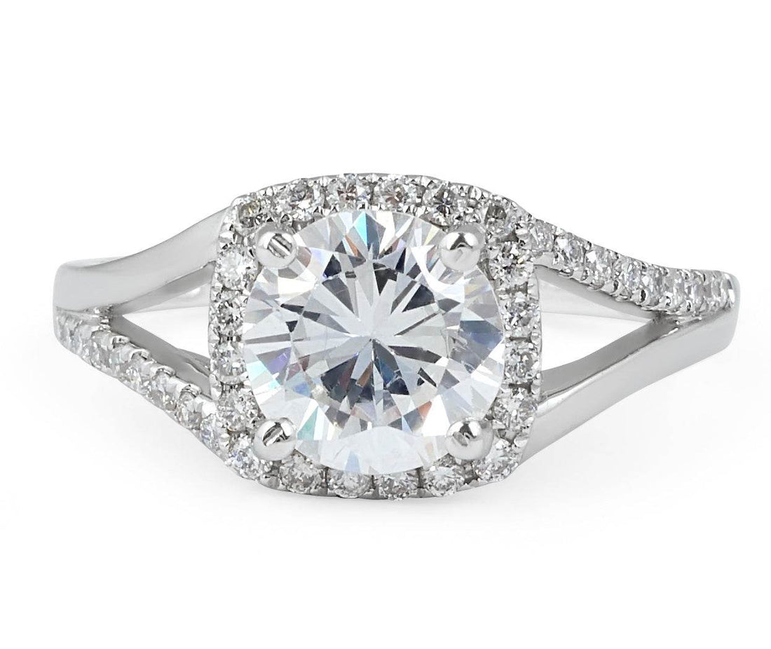 Art Deco Split Band Round Cut Halo Diamond Engagement Ring In 18 Karat White Gold - DG & Co. Jewellery