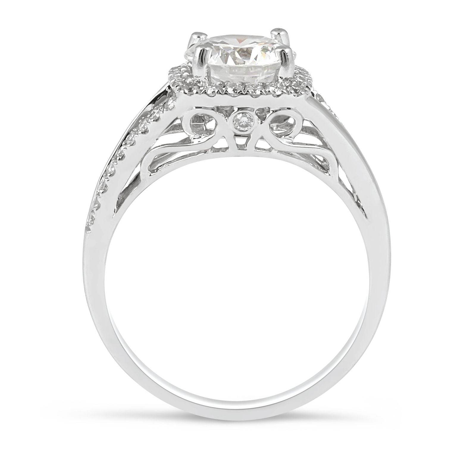 Art Deco Split Band Round Cut Halo Diamond Engagement Ring In 18 Karat White Gold - DG & Co. Jewellery